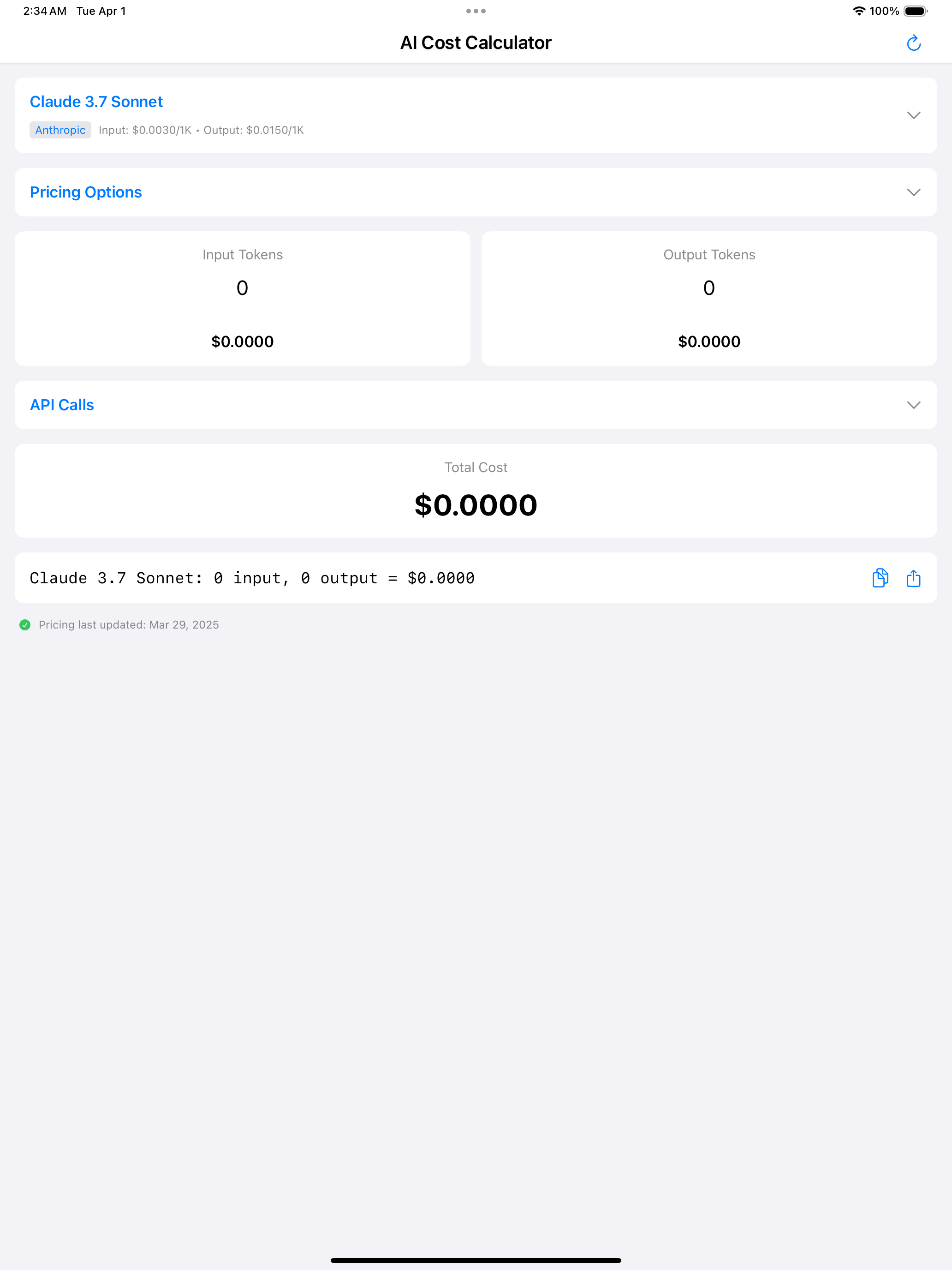 AI Cost Calc iPad - Main Screen
